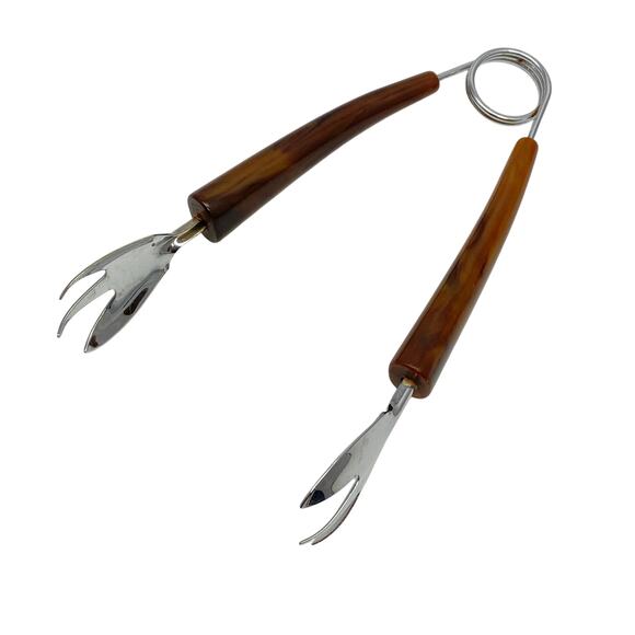 Vintage Faux Horn Butterscotch Handle Ice Olive Cherry Tongs MCM Barware Utensil - Picture 1 of 7
